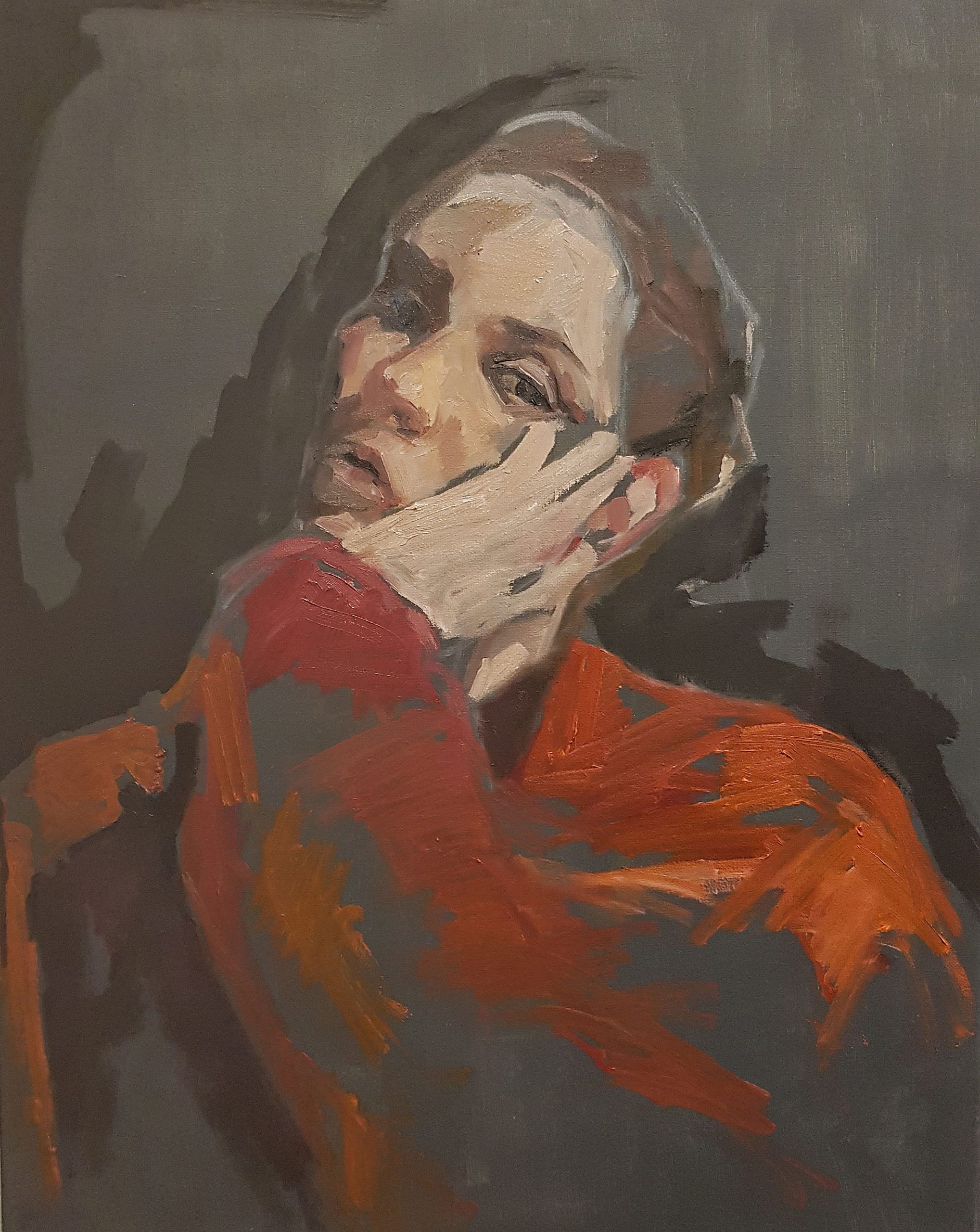 This work is part of the self-portrait series "ALONE. Pandemic Edition". The artist portrays herself in a moment of heaviness and impatience. The openness of the brushstroke and the sketchiness of the image symbolize the transience of the moment, which may feel heavy and long, but passes faster than expected.