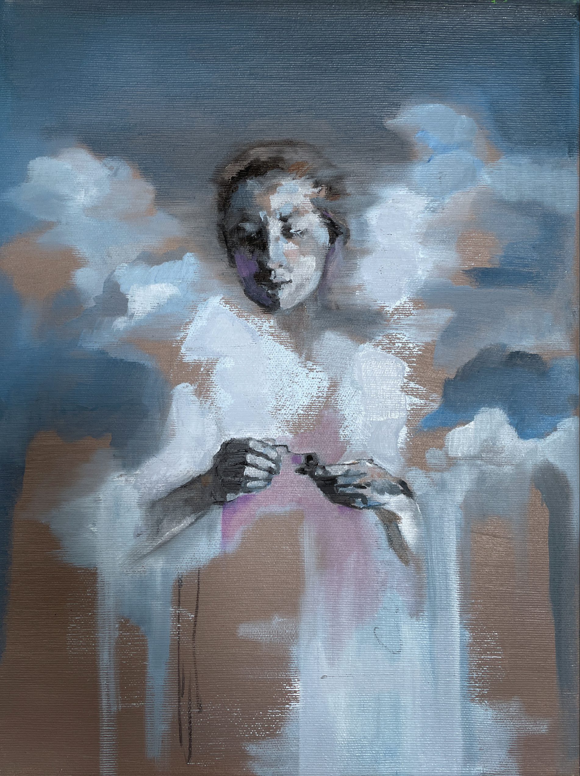 This image was created together with "Transparency" as part of a collaborative exhibition "Look at me" and was inspired by a photograph by Stanislav Erman. It shows a female figure surrounded by clouds. She holds a small music box in her hands. It is only at second glance that the white clouds become angel wings.