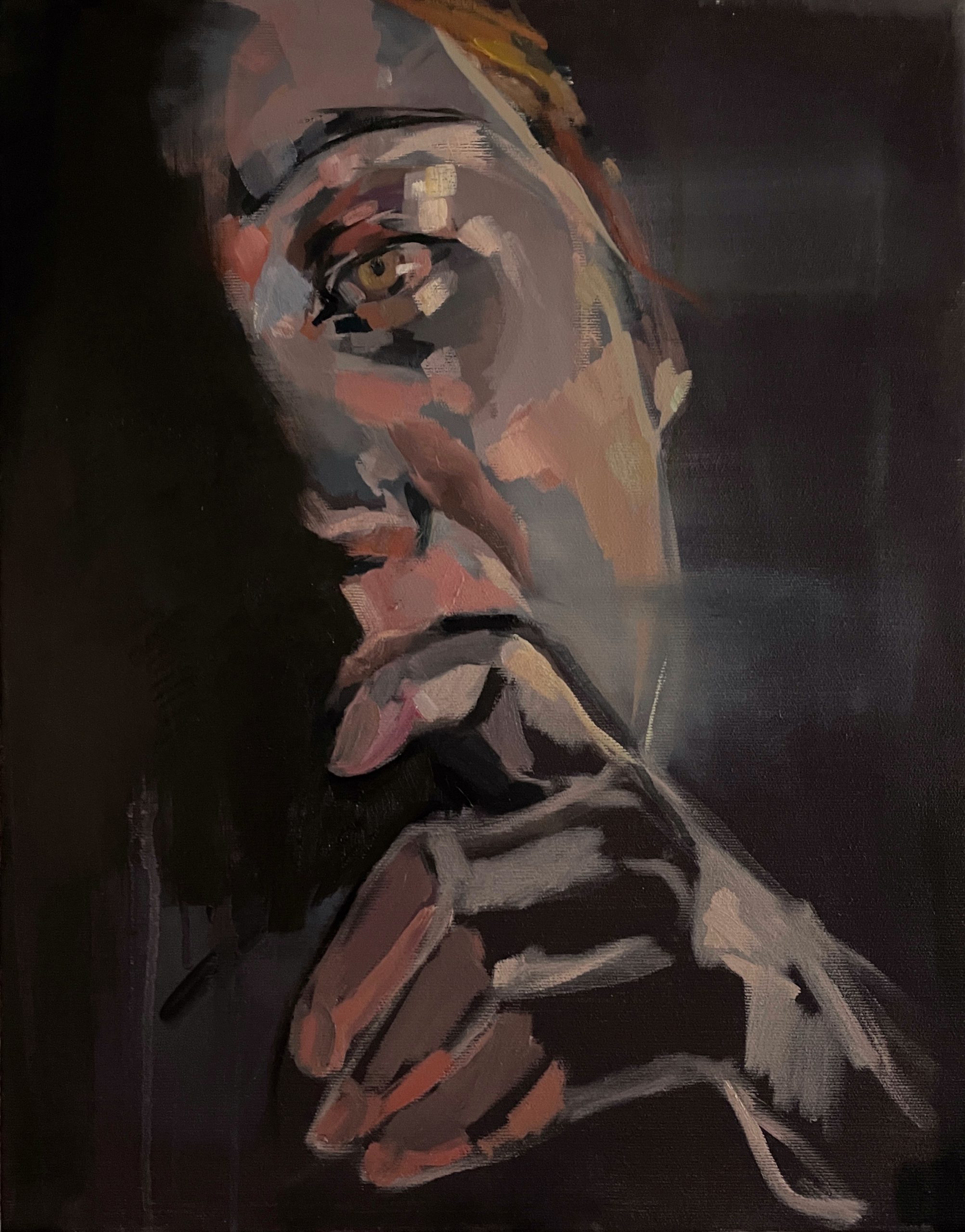 The self-portrait is part of the series "Alone. Pandemic Edition" and was created in 2020 in complete isolation. It shows a snapshot of my own biography, but also of an entire society that was suddenly confronted with itself, its own reflection and its own emotions as a result of the pandemic and its enforced standstill.